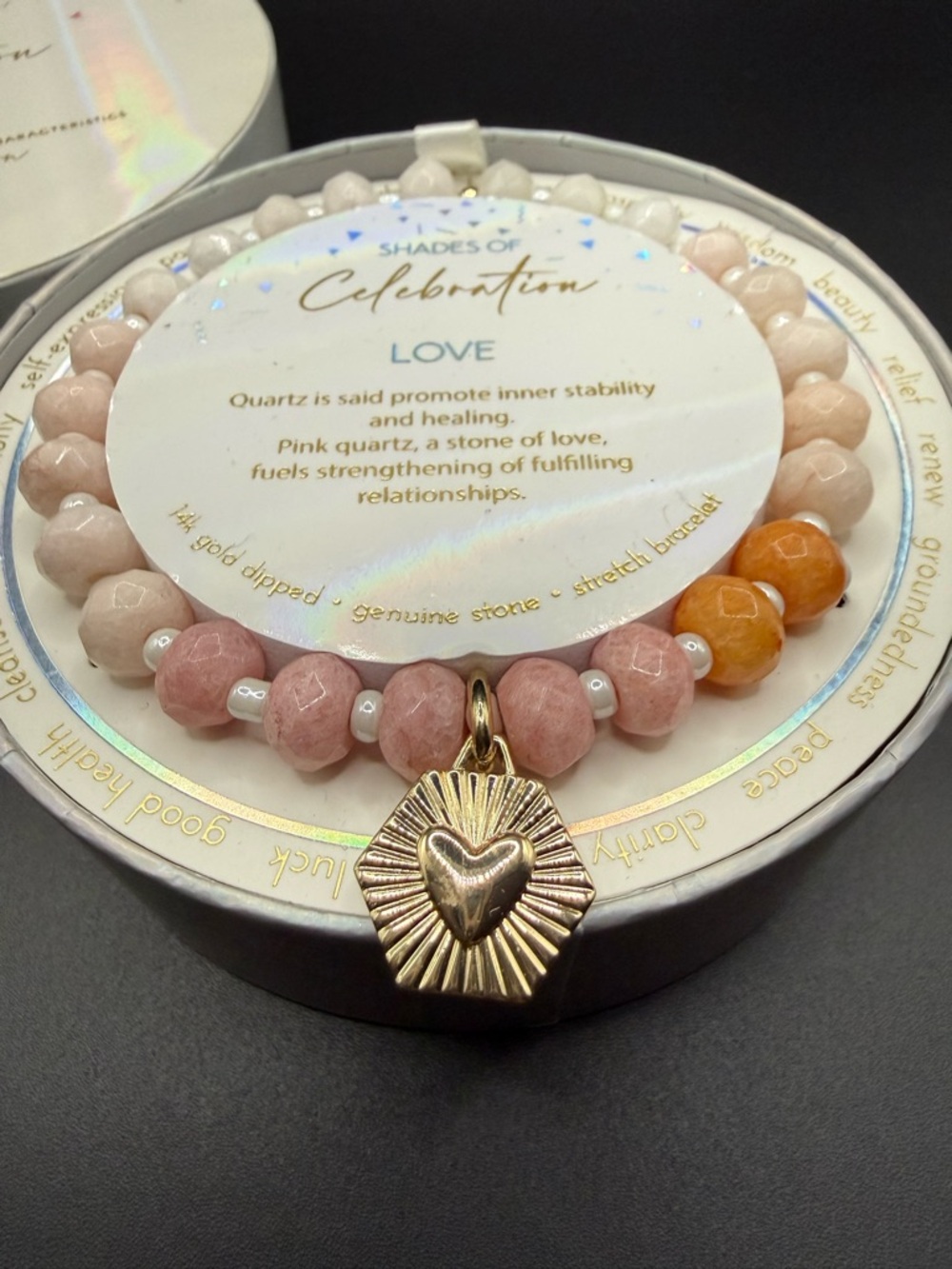 NIB Pink Quartz and Peach Stretch Bracelet with Gold Heart Charm